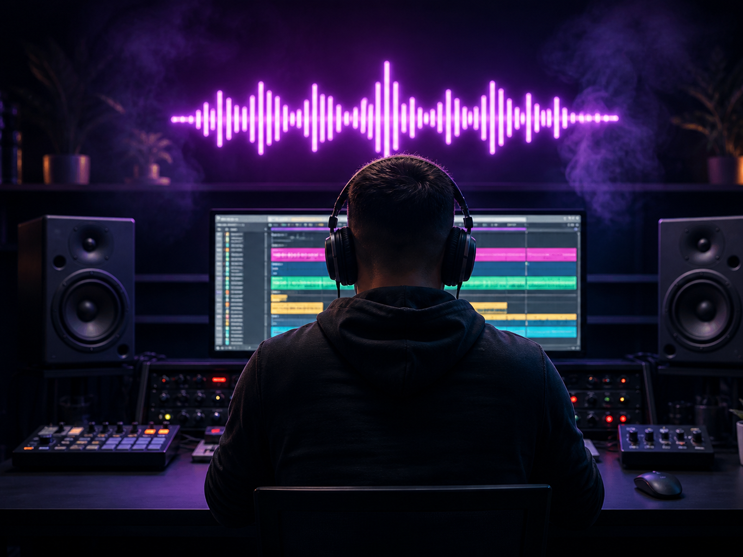 Producer in a dark studio working on a track